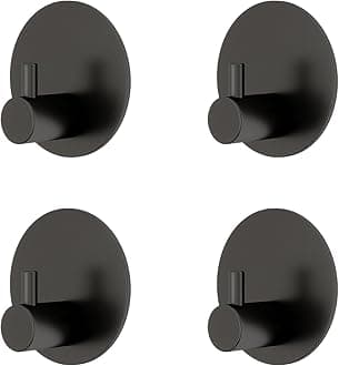 JS Adhesive Hooks Black Towel Holder Self Adhesive Extra Sticky Hook Round Stainless Steel Hanging Stick on No-Nail Hook for Back of Door for Bathrooms Shower Kitchen