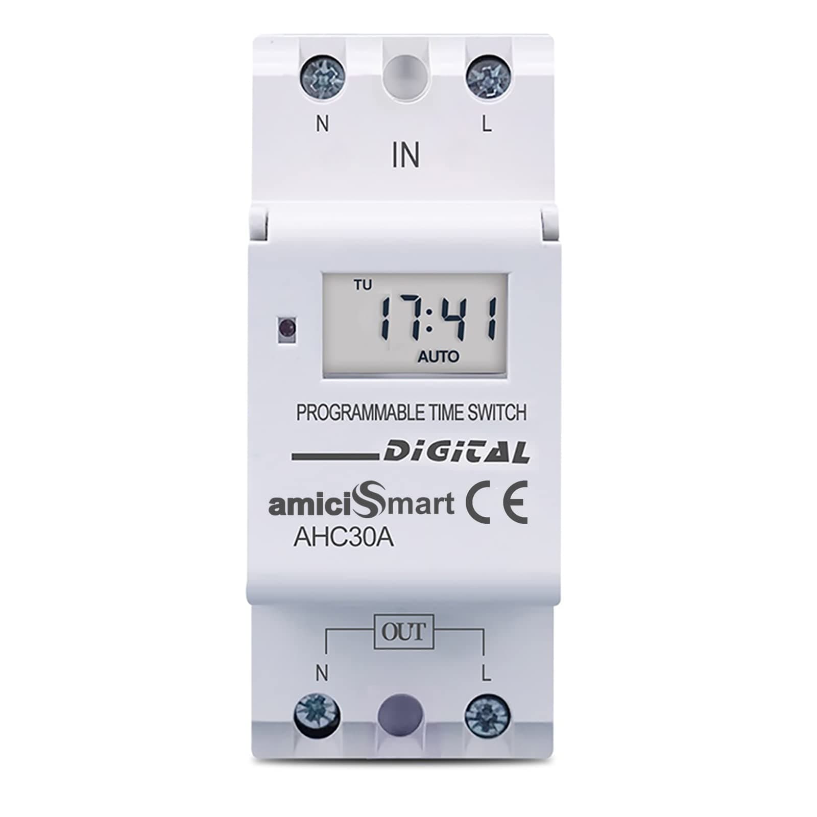amiciSmart 4-in-1 Digital Timer Switch Relay | 7-Day Programmable, Countdown, Pulse & Cycle Timer | DIN Rail Mount, (30A,220VAC)