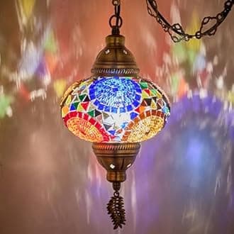 DEMMEX Plug-in Turkish Moroccan Mosaic Hanging Pendant Ceiling Light – Swag Lamp Fixture with 15ft Cord & Chain, Handcrafted Glass, Vintage Tiffany Style, Mediterranean Exotic Decor, Multicolored
