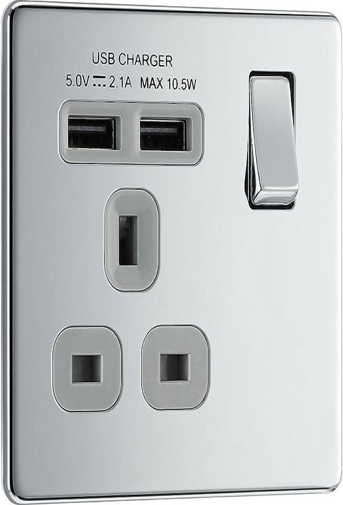 BG Electrical Screwless Flatplate Single Switched Fast Charging Power Socket with Two USB Charging Ports