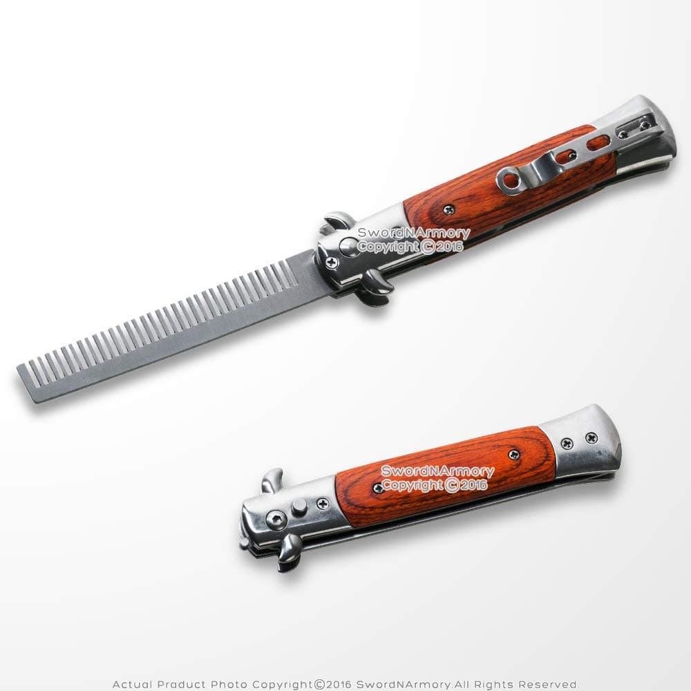 9" Wood Handle Spring Push Button Folding Comb Hair Styling Pocket Carrying Wood