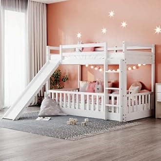 Bellemave Twin Over Twin Floor Bunk Bed with Slide and Ladder, Low Bunk Bed for Kids, Girls, Boys, Removable Fence, White with Fence