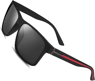 Polarized Sunglasses for Men Women Driving Fishing Mens Sunglasses Rectangular Vintage Sun Glasses Grey Lens/Matte Black Frame Red Strip