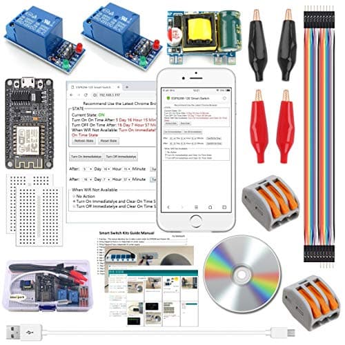 ESP8266 Smart Switch Kits Wireless Wifi Remote Control Smart Home Socket Outlet Plug with 2-Pcs 1 Channel Relay Module 110-240V to 5V Converter for Arduino IDE IoT Starter(Guidance Document Included)