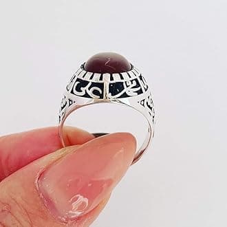 Shia Ring – 925 Sterling Silver Panjtan Ring with Red Yemeni Aqeeq Stone, Ahlulbayt Ali Hasan Hussein Fatemeh, Unisex Islamic Jewelry