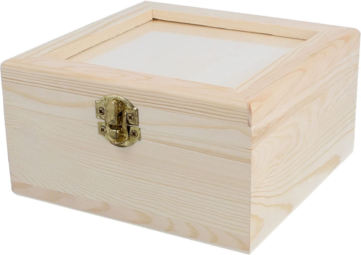 INNSPIRO Solid Pine Square Crate with Plexiglass 20 x 20 x 8.5 cm