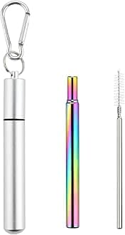 1 Pack Collapsible Stainless Steel Drinking Straws, Reusable Straws, Travel Retractable Straws with Aluminum Case, Cleaning Brush, and Keychains(Silver), stretchable