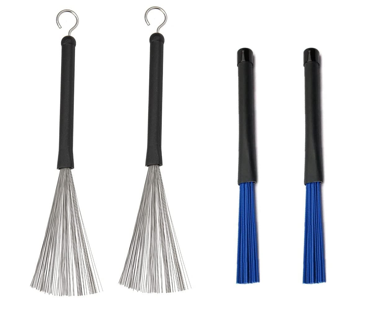 Retractable Drum Brushes Set 1 Pair Drum Wire Brushes and 1 Pair Nylon Brushes set for Cajon Jazz Acoustic Drummer Playing Music Lover