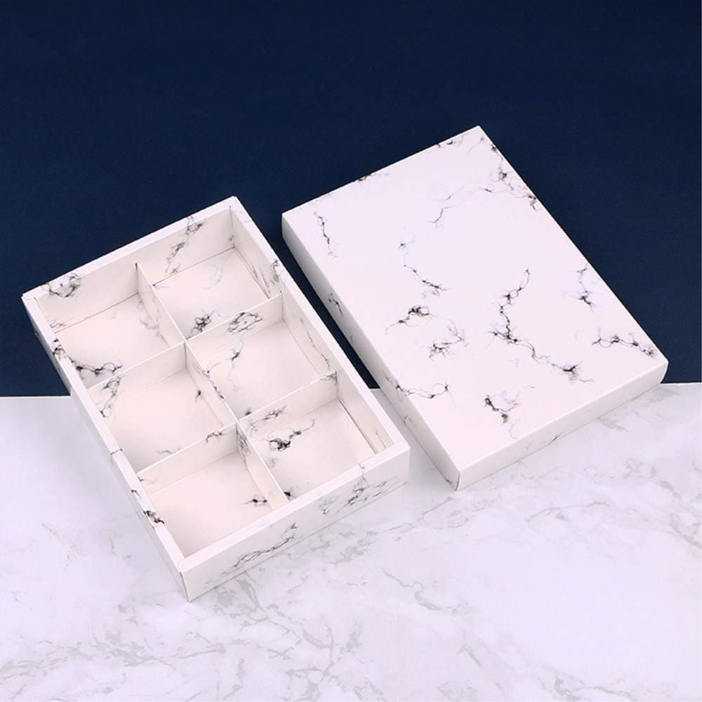 BBC Ins Marble Paper Cake Boxes For 6 Cavity Moon Cake Cookie Packaging, 9.5(L) x6.4(W) x2(H), 10 Sets (6 Cavity)