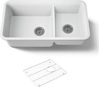 K-8204-CM6 Cairn Sink, 33" Neoroc Composite Undermount Double-Bowl Kitchen Sink, Composite Kitchen Sink with Sink Rack, Matte White