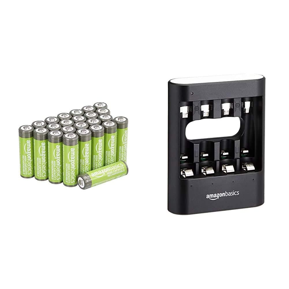 Amazon Basics AA High-Capacity Rechargeable Batteries 2400mAh (24-Pack) Pre-charged & Rapid USB Charger - Black