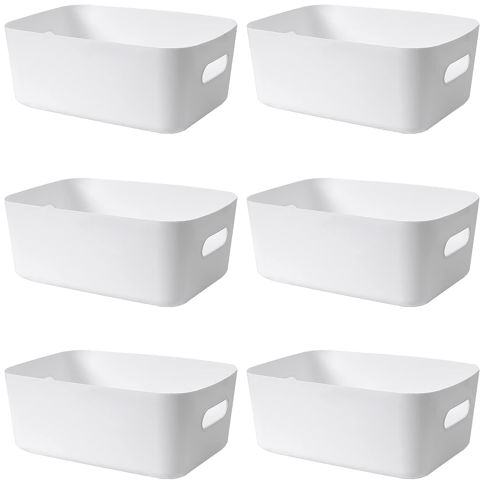 6 Packs Plastic Storage Baskets with Handles, Cupboard Storage Boxes for Bathroom, Office, Kitchen Organiser Storage Box, White, 25 x 17.5 x 10 cm