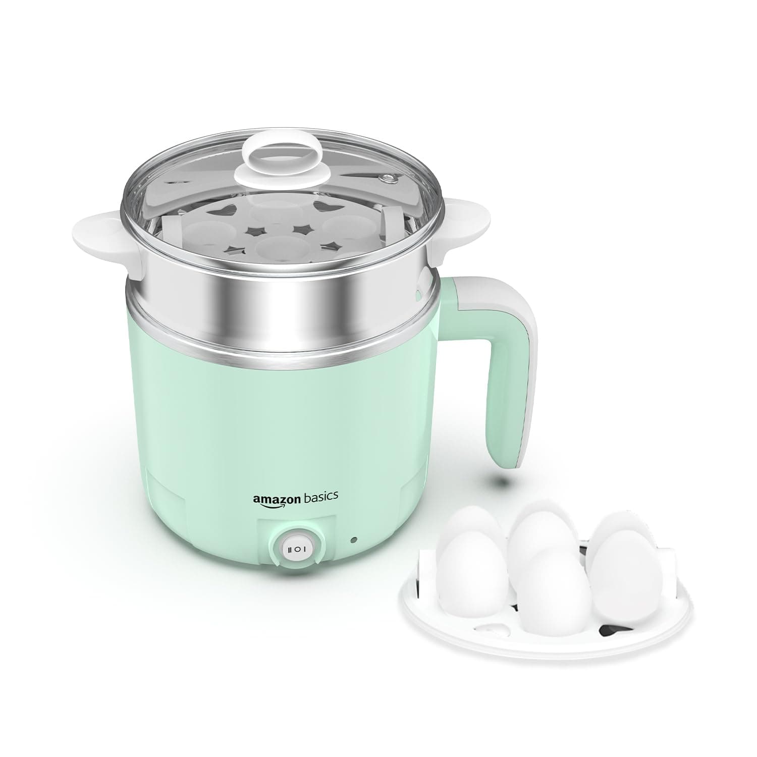 Multi-Cook Pot, Adjustable Power (325W/650W) with 7-Egg Tray & Steamer, SS 304 Steel, Automatic Overheat Protection, Multipurpose Kettle for Water, Tea, Noodles & Steam Rice, Green, 1.2L