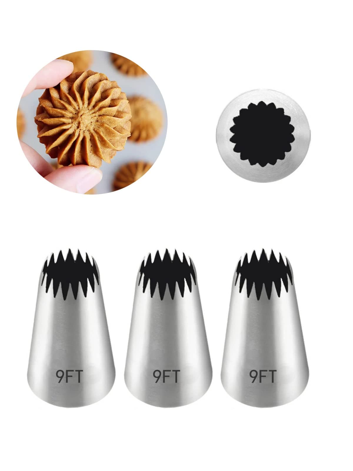 Extra Large Open Star Icing Nozzle Tip 9FT, 3 Pcs Stainless Steel Piping Tip for Churros, Eclairs, Cupcakes