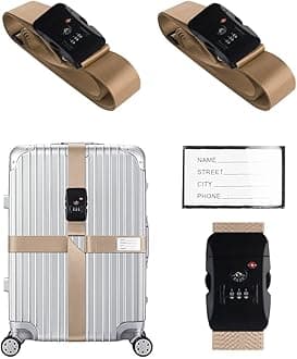 Veki Cross Luggage Straps Set TSA Approved with Lock Adjustable Travel Suitcase Belts Suitcase Tags with Name ID Card Packing Straps for Suitcases Strap Travel Accessories (Khaki*2pcs)