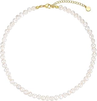Natural Freshwater Baroque Pearl Necklace 14K Gold Plated Dainty Choker Necklace for Women Girls Snake Chain/Cuban Link/Paperclip/Ball Beaded Chain/Tennis Chain Fashion Jewelry for Gift
