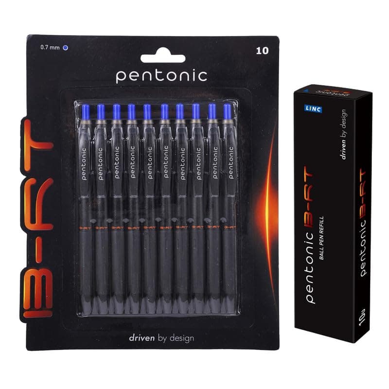 Pentonic B-RT 0.7mm Retractable Ball Point Pen Blister Pack & Refill Combo | Blue Ink | 10 Pcs Pens with 10 Pcs Refills