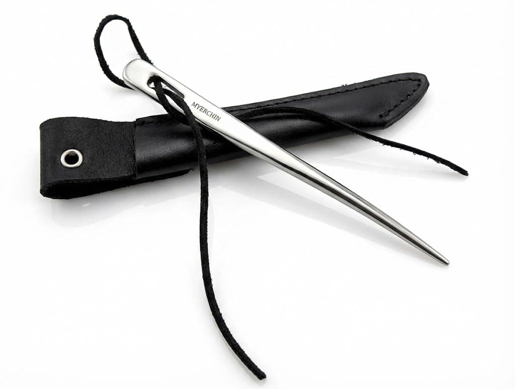 Myerchin A009 Professional Marine Marlinspike - Solid Stainless Steel Splicing Tool with Genuine Leather Sheath & Bonus Lanyard Strap - 6.65"