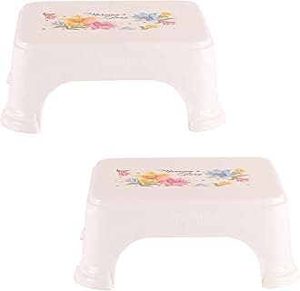 Kuber Industries Pack of 2 Bath Stool for Bathroom | Plastic Stools for Sitting | Bathroom Stool for Bathing | Flower Print Square Stool | White