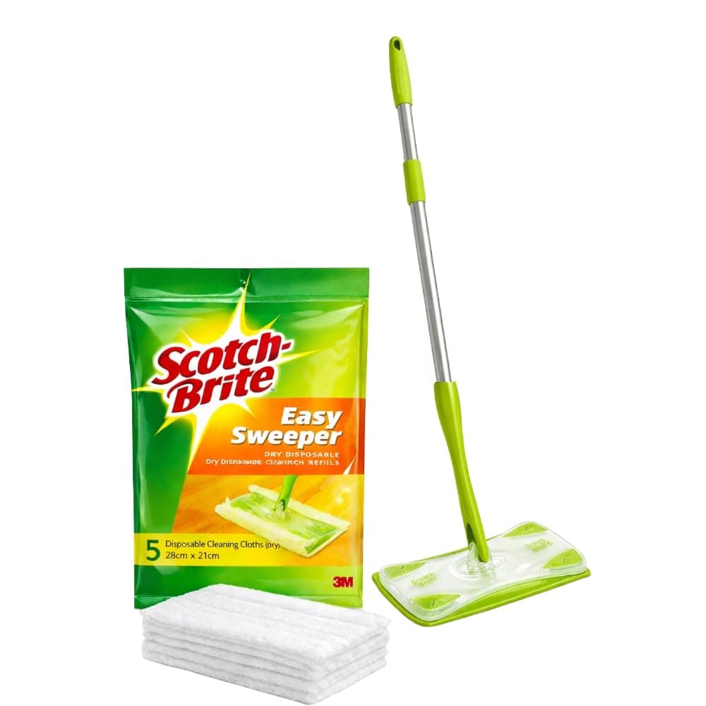 Scotch-Brite Easy Sweeper Kit (Support + Stick + 5 Mop Wet Cloths 28cm x 21cm), 1 Kit/pack | Disposable Mop & Refill | Floor Brush | clean effectively| hygienic | Wood | vinyl | ceramic | All Floors