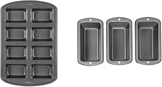 Wilton Perfect Results Non-Stick Mini Loaf Pan, 8-Cavity, 15.2 IN x 9.5 IN x 1.6, Gray and Wilton Recipe Right Non-Stick Mini Loaf Pan Set, 3-Piece, Steel