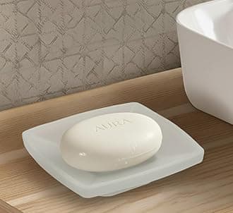 Premium Frosted Glass Soap Dish with Raised Drain Tray | Square Bathroom Soap Stand | Anti-Slip, Water Drain Design for Wash Basin, Shower & Kitchen Sink LX06