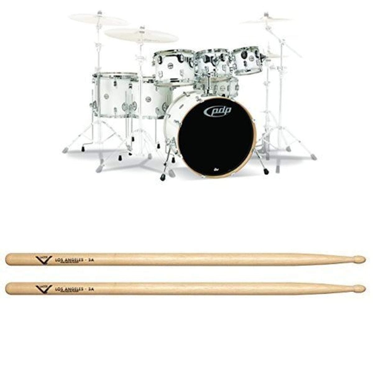 PDP By DW7-Piece Concept Maple Shell Pack with Chrome Hardware Pearlescent White with Drum Sticks, Pair