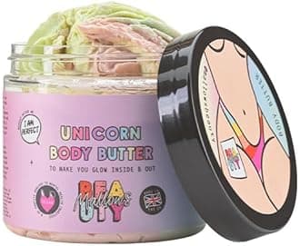 Unicorn Body Butter, Body Moisturiser with Essential Oils, Vitamin E, Coconut Oil, Cocoa Butter, Shea Butter, Non-greasy After-feel, 180g