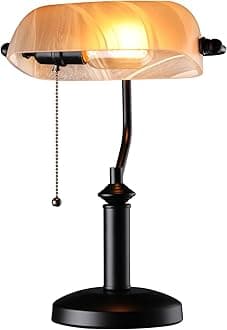 TORCHSTAR Pale Yellow Glass Bankers Desk Lamp, Antique Desk Lamps with Uniquely Textured, Traditional Library Lamp with Pull Chain, E26 Base, Desk Lamp for Office, Study Room