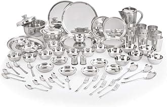 Neelam Stainless Steel Dinner Set, 24 Gauge, 75 Pieces Set, Ideal Gifting Dinner Set, Ideal for Special Occasions Like Anniversary, Wedding, Housewarming Party, Silver