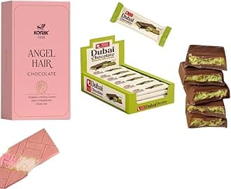 Angel Hair & Mini Dubai Chocolate Bar – Dubai Chocolate Pistachio 1.43 lb (Pack of 24) + Chocolat Cotton Candy Bar 170g (5.9 oz) – Luxury Assorted Sweets with Strawberry & Pistachio – Holiday, Birthday, Celebration Treat (1-Pack)