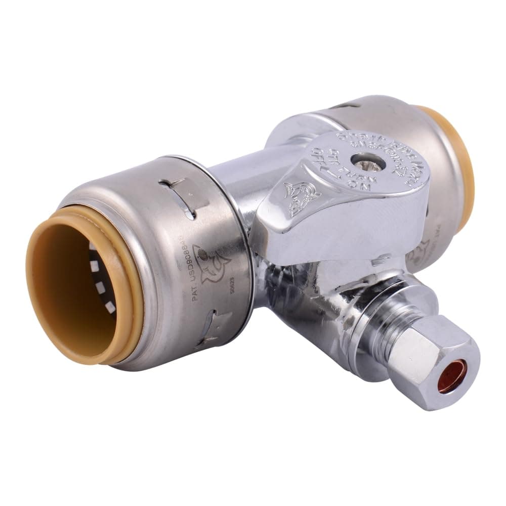 SharkBite Max Tee Stop Valve, 3/4 x 3/4 in Push-to-Connect x 1/4 in Compression, Brass Plumbing Fitting, Chrome Finish, UR24985A