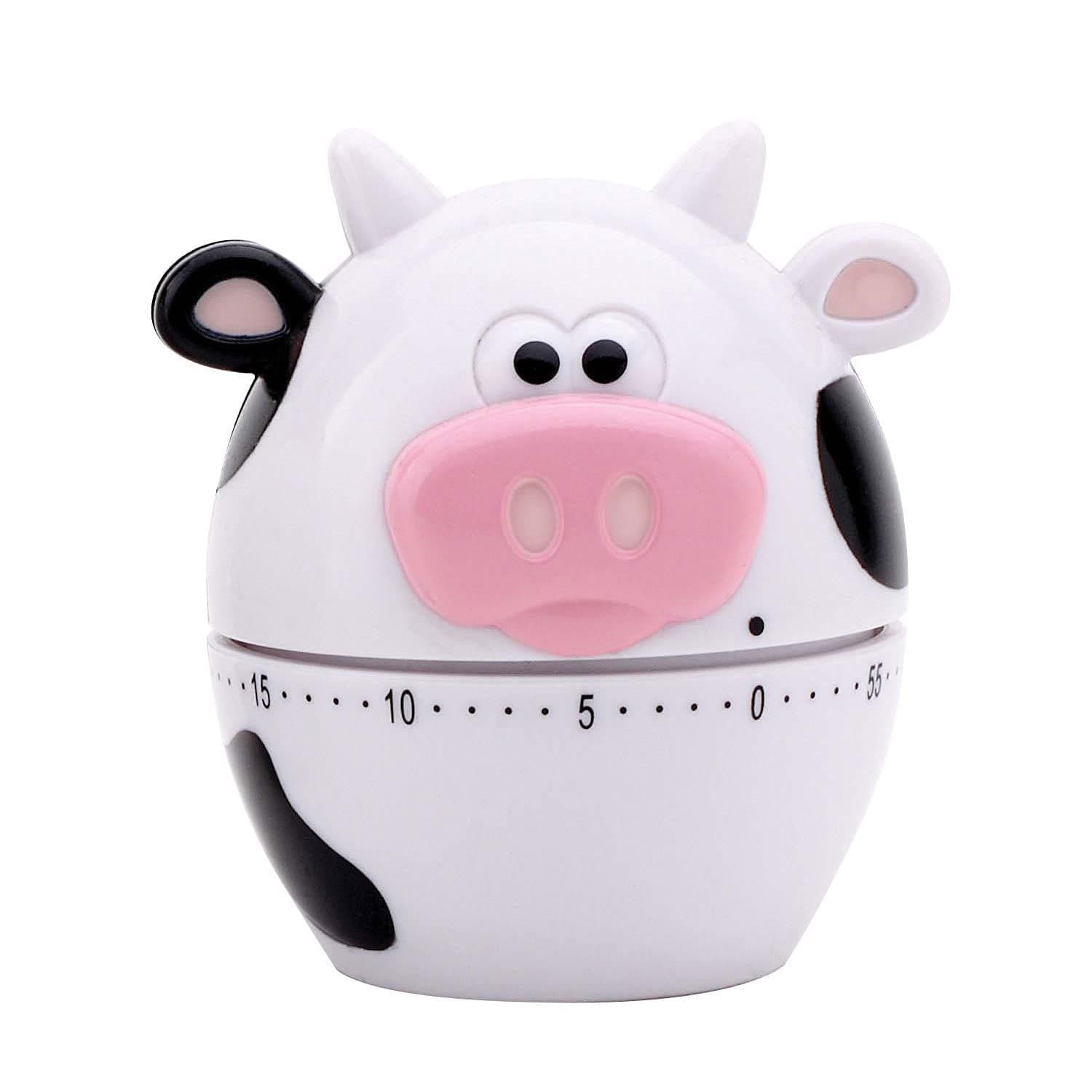 Joie Moo Mechanical Kitchen Timer – 60-Minute Manual Timer, No Batteries Required, White Cow Design