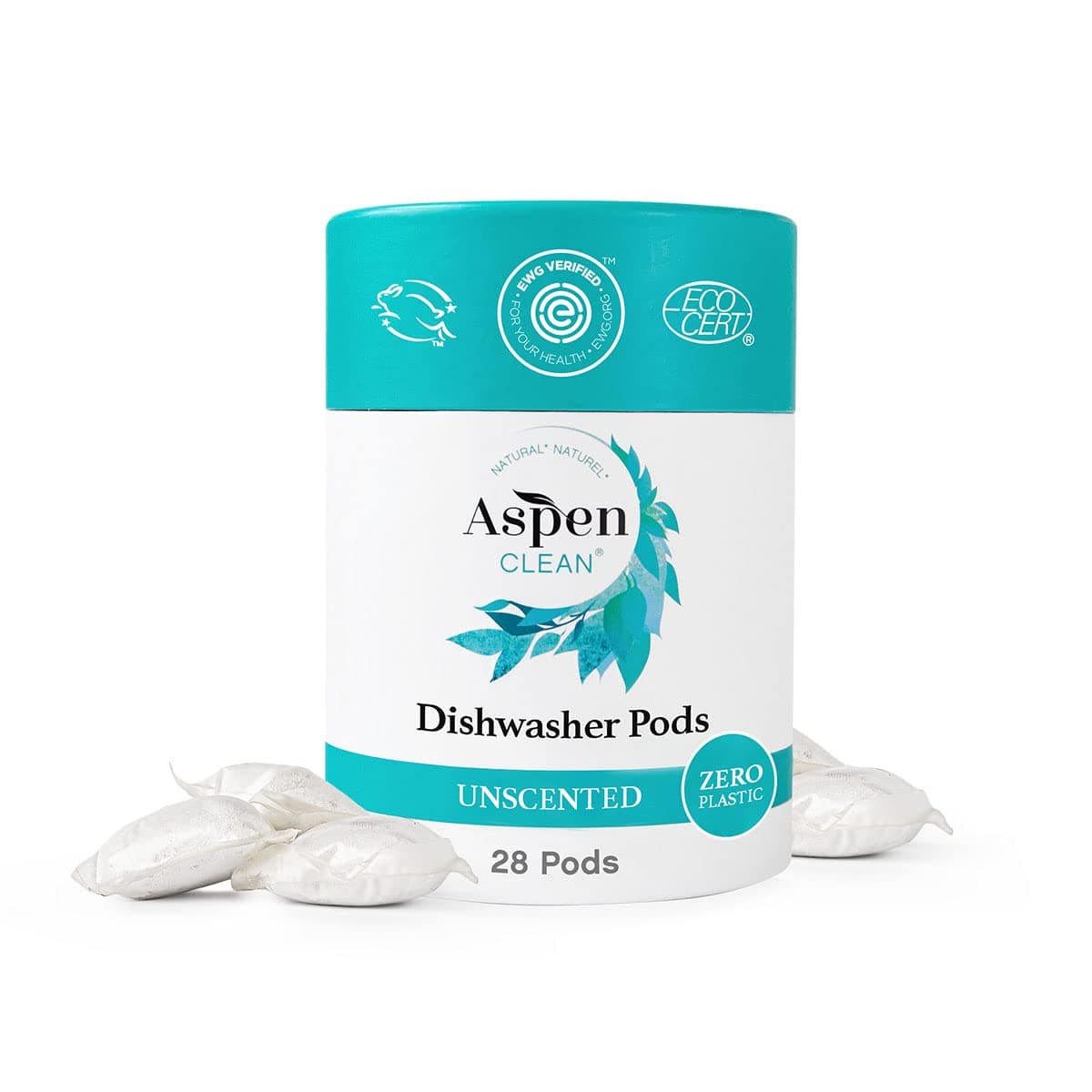 AspenClean Unscented Dishwasher Pods , 28 Count, Zero Plastic, Plant-Based Natural Dishwasher Detergent Pacs - Powerful Eco-Friendly, Pet & Baby Safe, EWG Verified™ & A Rated