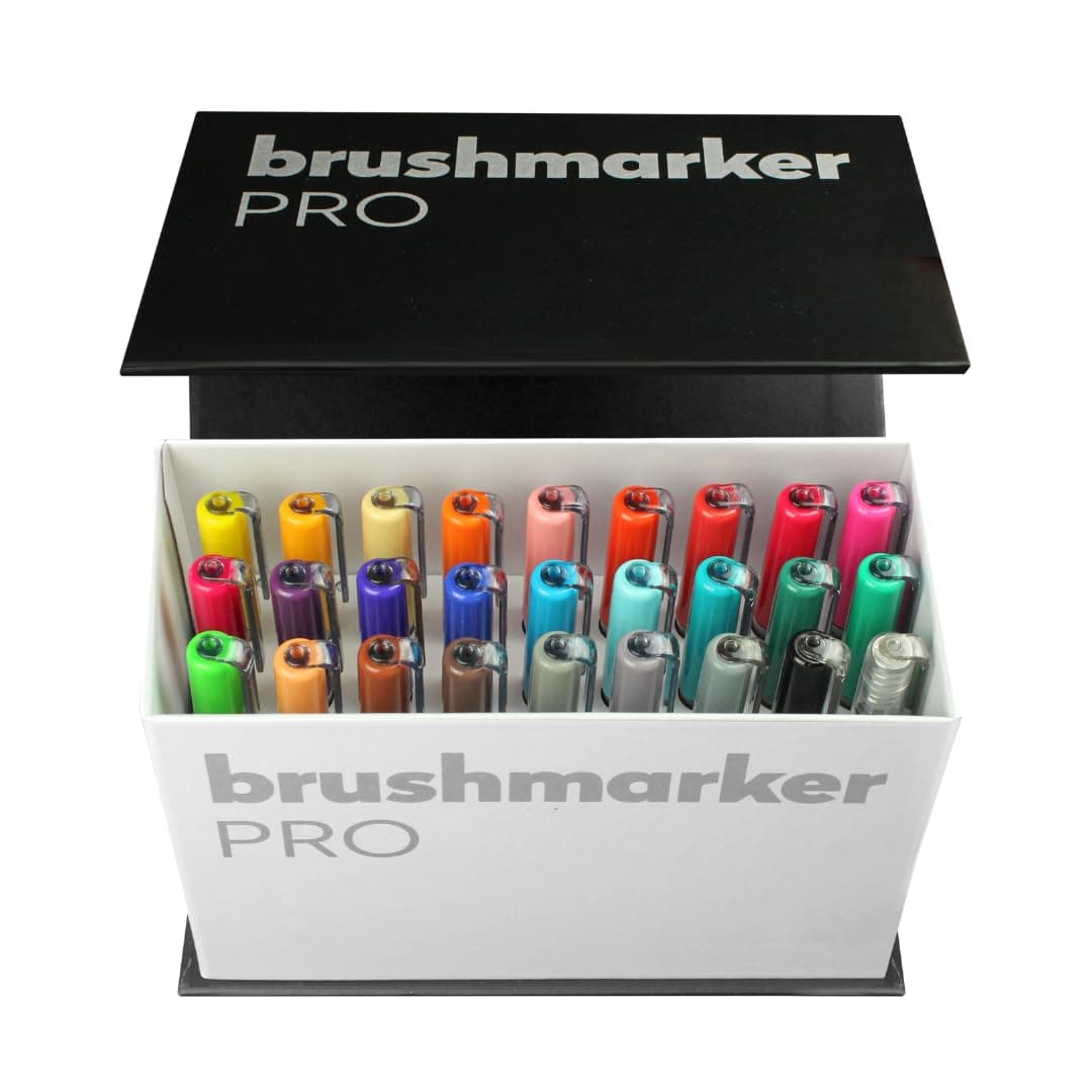 Brushmarker Pro 27pc Mini Box Brush Tip Markers Set, Blendable, Water-Based, Professional Grade Brush Markers for Adults and Artists, 26 Colors and 1 Blender in Exclusive Storage Case