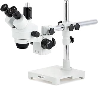 AmScope SM-3T Professional Trinocular Stereo Zoom Microscope, WH10x Eyepieces, 7X-45X Magnification, 0.7X-4.5X Zoom Objective, Ambient Lighting, Single-Arm Boom Stand