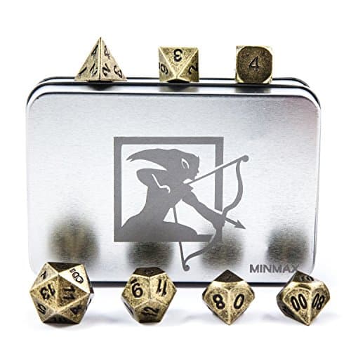 MINMAX Solid Metal Polyhedral 7 Die Board Game Dice Set with Case — Ancient Gold | for D&D, Pathfinder, Shadowrun, and other Tabletop RPGs
