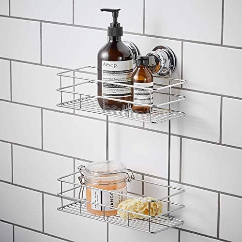 BM Home - 2 Tier Rectangular Shower Caddy - Extra Strong Suction - Bathroom Organiser Shelf - Drill Free - Rust Proof - Chrome