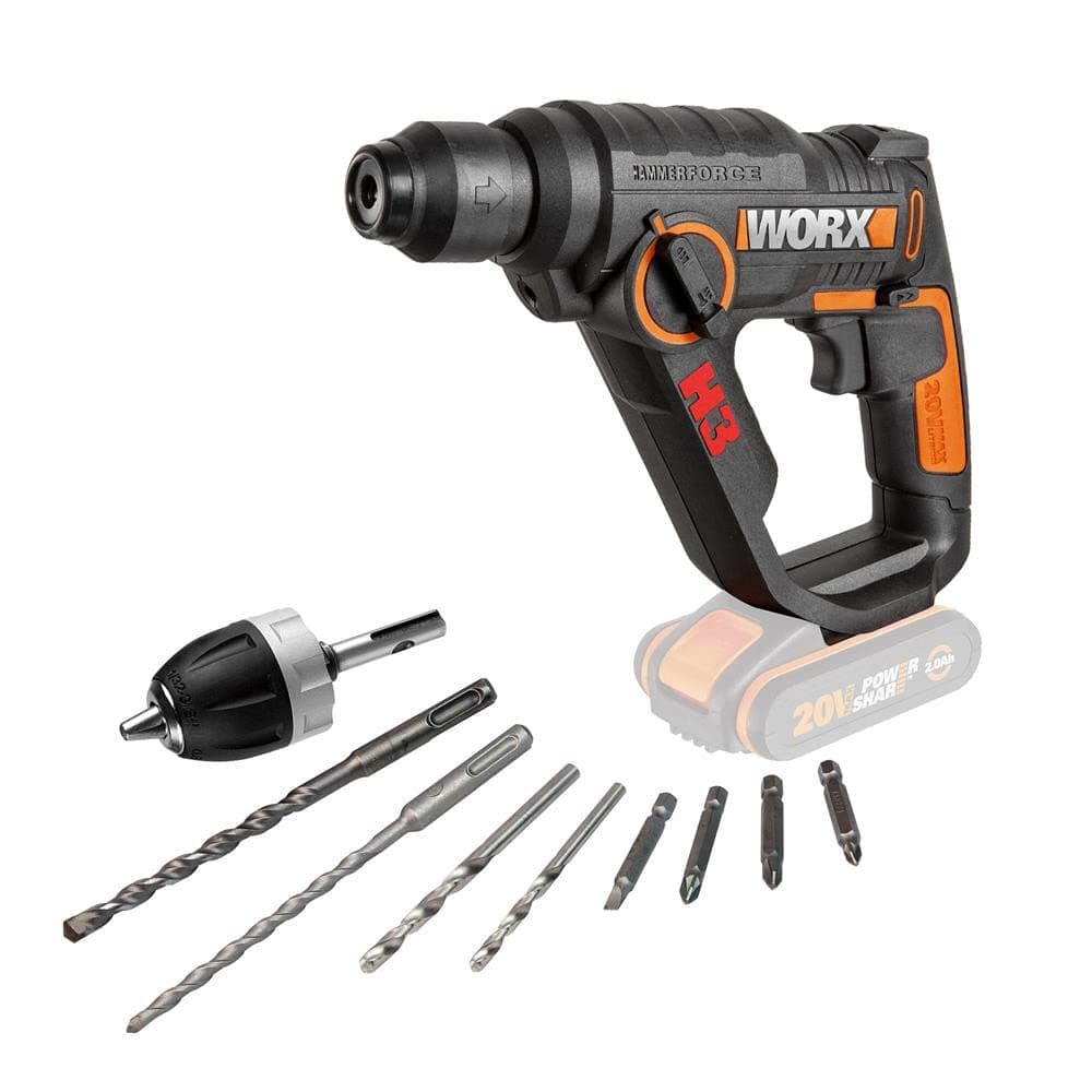 WORX 20V Cordless Hammer, PowerShare, 3 Tools in 1 Drill, Driver and Hammer, LED Light, Portable and Lightweight, Bare Tool Only, WX390.9 Black