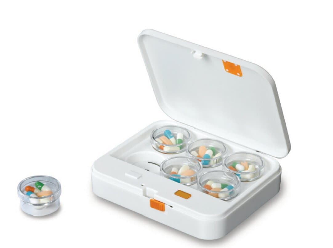 iEZ Wireless Bluetooth Smart Pill Reminder Box Organizer Storage System with 6 Removable Grid, APP Monitor and Memory on Smart Phone, Reminders of Buzz, Vibration, Flashing Light and Safety Lock