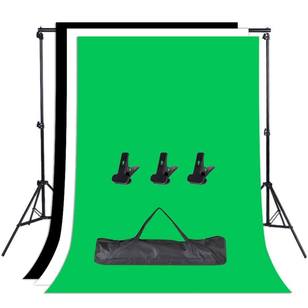 YISITONG Photo Studio Adjustable Backdrop Support Stand Kit 1.6 x 3m Black/White/Green Backdrop screen + 6.5ft x 6.5ft / 2m x 2m Background Support System + 3 Clamps+ Carry bag