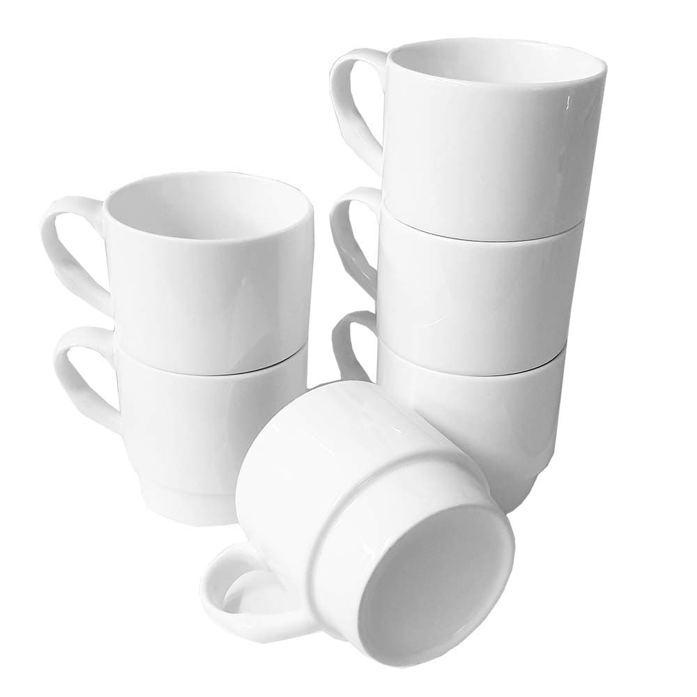 Set of 6 Space Save Stackable China Mugs Gift Boxed Glossy White Cups