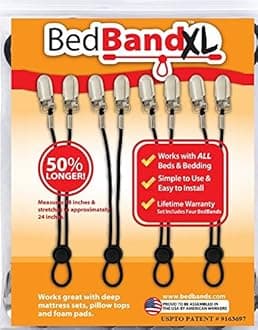 Bed Bandxl. Not Made in China. USA Worker Assembled. 50% Longer.. Smooth Sheets on any Bed. Bed Sheet Band, Holder, Gripper, Suspender, Strap. Sleep Better. by Bed Band