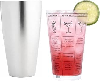 Bar Boston Cocktail Shaker and Mixer Glass Set with 7 Printed Recipes, 18/8 Stainless Steel and Borosilicate Glass