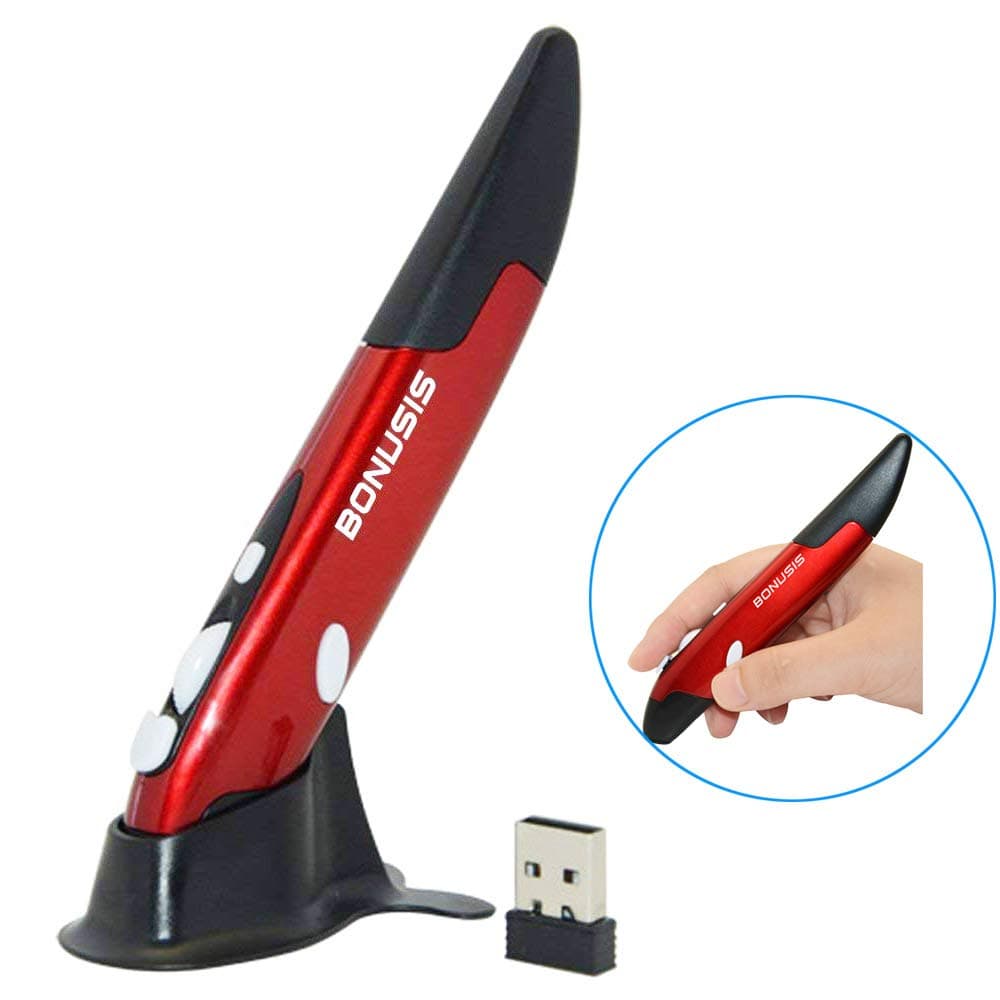 Optical Pen Mouse 2.4Ghz Wireless Optical Mouse Adjustable 800/1200/1600DPI for PC, Laptop, iMac, Android Tablet [Red]