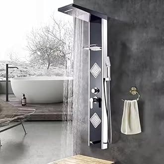 Shower Panel for Bathroom Full Set | 5 Function Shower System | Hot & Cold Water Adjustable | Hand Shower | Body Spray | Water Spout | Shower Panel For Bathroom (Black Chrome Glossy)