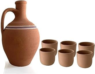 Handmade Clay Water Pitcher with 6 Clay Cups, Natural Unglazed Terracotta Water Carafe with 6 Earthen Mugs, Traditional Mud Jug, Self-Cooler Pottery Jar,Small with 6 cups - 2 qts
