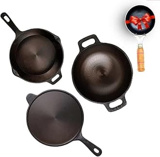 Super Smooth Cast Iron Cookware Set+ Free Iron Tadka Pan|Tawa(26.3Cm)+Kadai(25.4Cm/2L)+Fry Pan(25.4Cm/1.7L)|Kitchen Cooking Combo Pots And Pans Set Of 4Pcs|Naturally Nonstick,Black