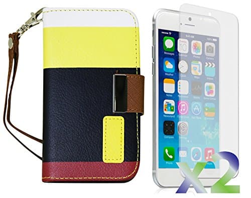 Exian Apple iPhone 6 Screen Guards x2 and Multi-Colour Leather PU Wallet Case Yellow/Black/Red