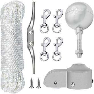 NQ Flagpole Hardware Repair Parts Kit,50 Feet Halyard Rope+3" Silver Ball+6" Zinc Alloy Cleat+4 Metal Swivel Snap Clips+Aluminum Alloy Flagpole Truck with Nylon Pulley for 1.6"-2" Flag Poles